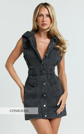 Hardware Button Through Denim Dress in Washed Black