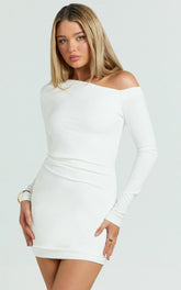 One Shoulder Long Sleeve Bodycon Dress in Off White