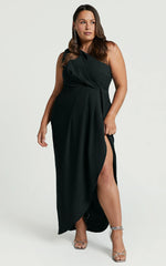 Faux Wrap One Shoulder Dress in Black