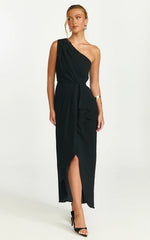 Faux Wrap One Shoulder Dress in Black