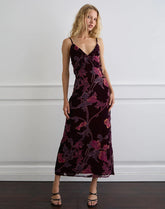 Yamira Maxi Dress in Floral Devore Burgundy