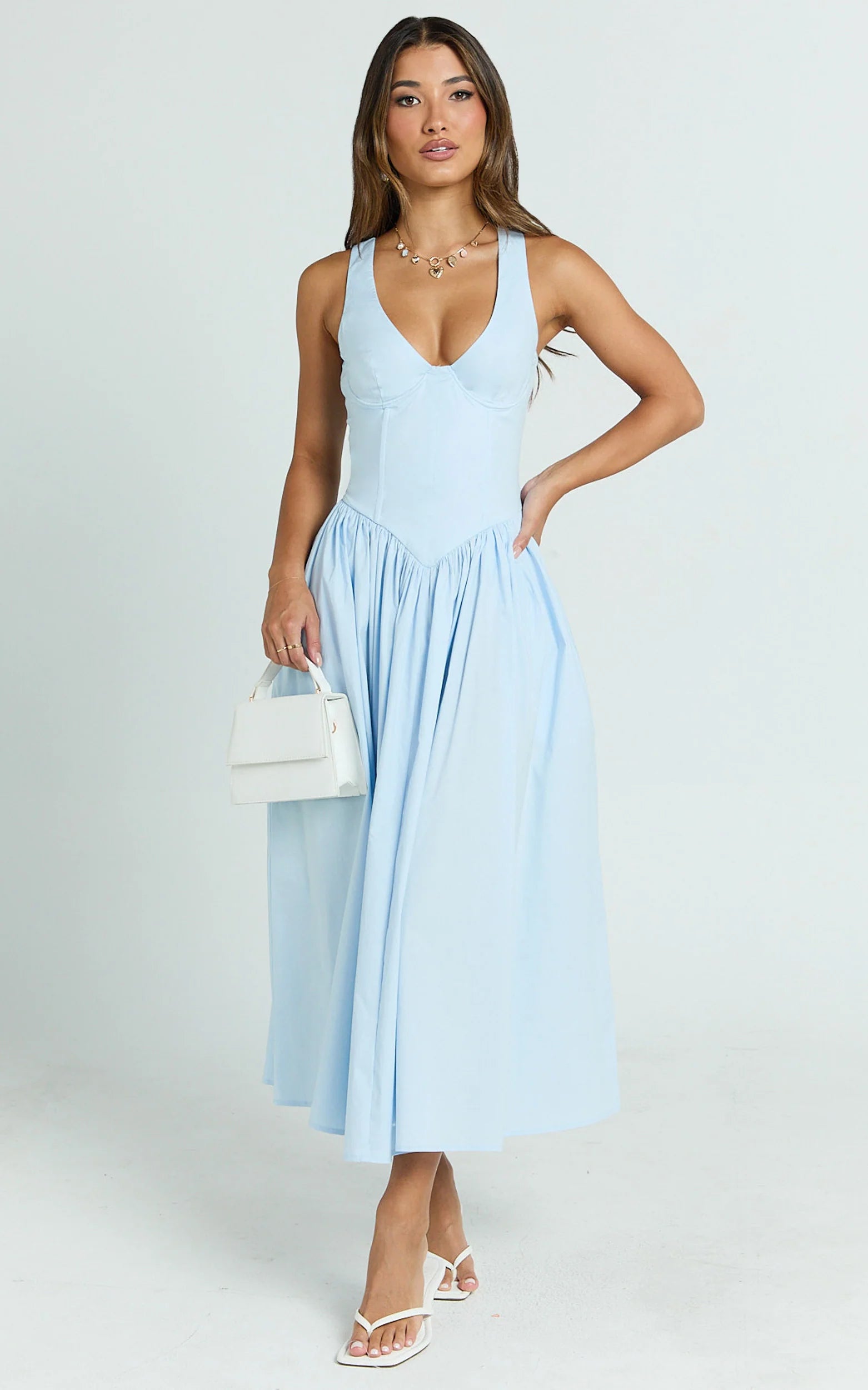 Scoop Neck Drop V Waist Gathered Skirt Dress in Blue