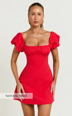 Square Neck Ruched Bodice Puff Sleeve Straight Dress in Red