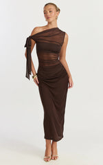 Asymmetrical Off Shoulder Tie Detail Dress in Chocolate