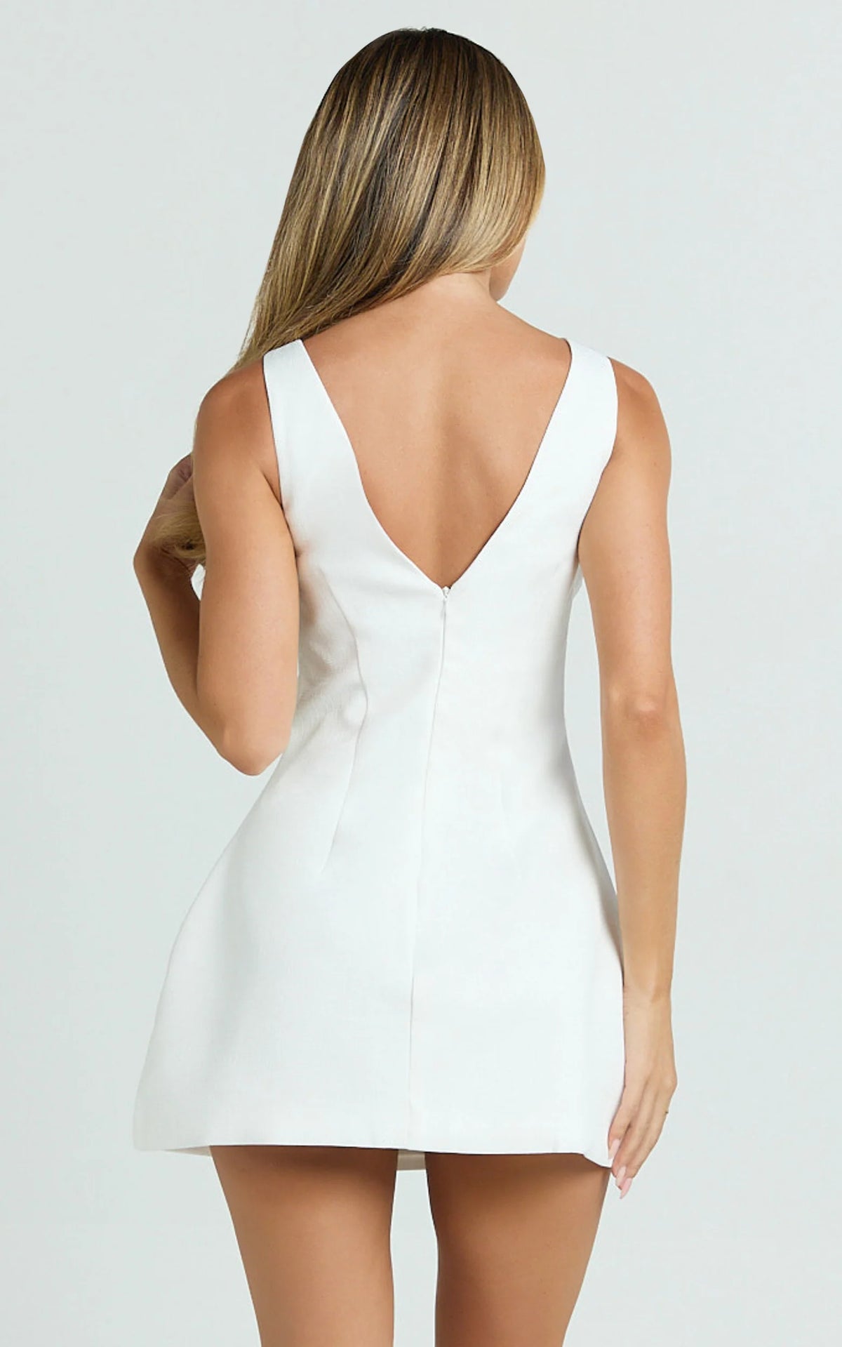 Boucle Boat Neck V Back Fit and Flare Dress in White