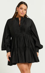 Pin Tuck Detail Tiered Shirt Dress in Black