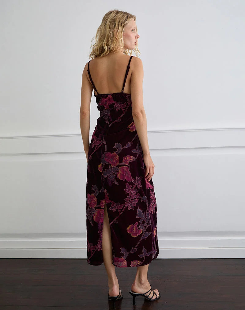 Yamira Maxi Dress in Floral Devore Burgundy
