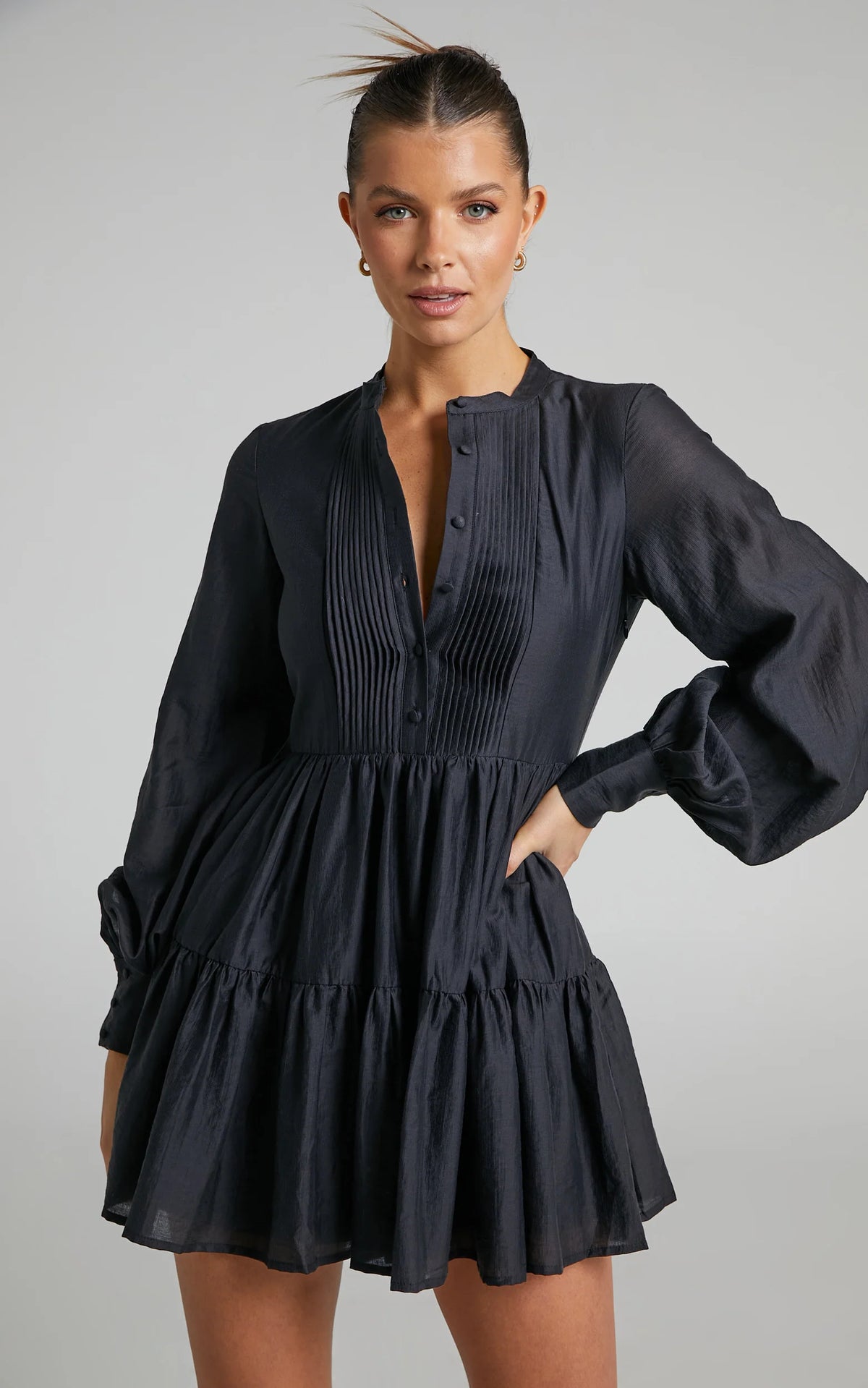 Pin Tuck Detail Tiered Shirt Dress in Black