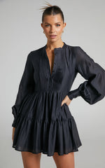 Pin Tuck Detail Tiered Shirt Dress in Black