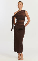 Asymmetrical Off Shoulder Tie Detail Dress in Chocolate