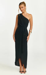 Faux Wrap One Shoulder Dress in Black