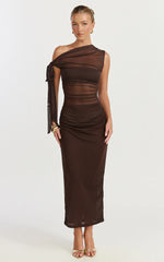 Asymmetrical Off Shoulder Tie Detail Dress in Chocolate