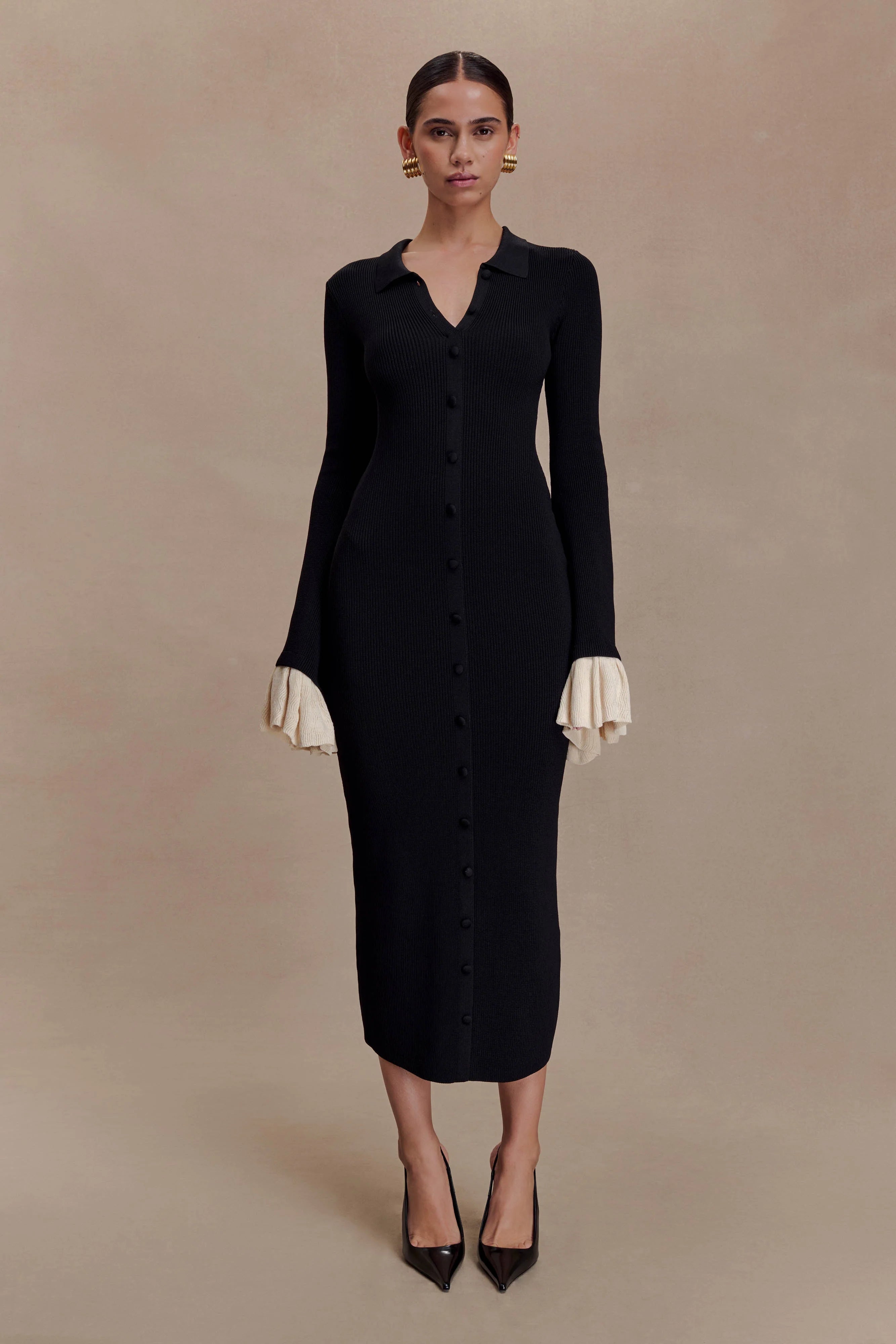 Amirose Ruffle Knit Midi Dress - Black