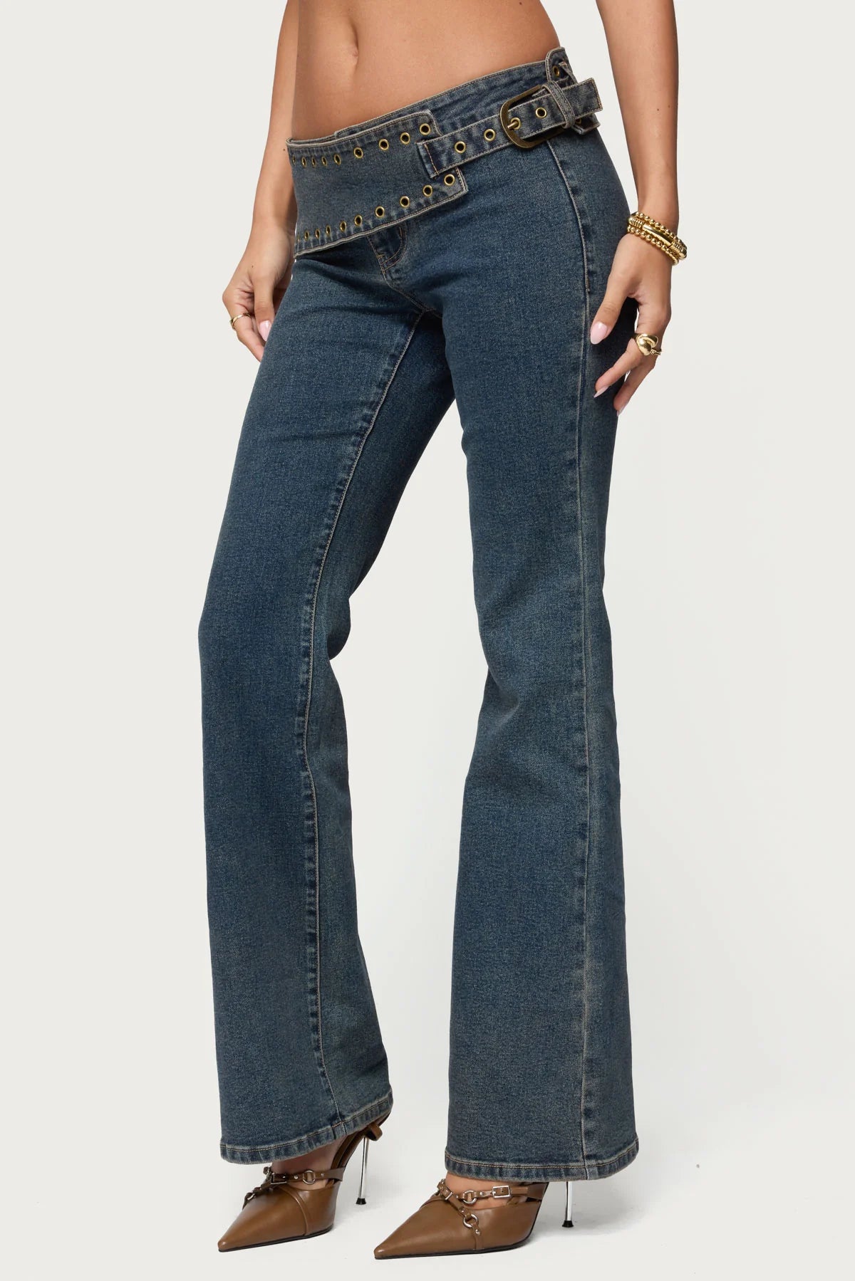 Asymmetric Grommet Belt Low Rise Flared Jeans