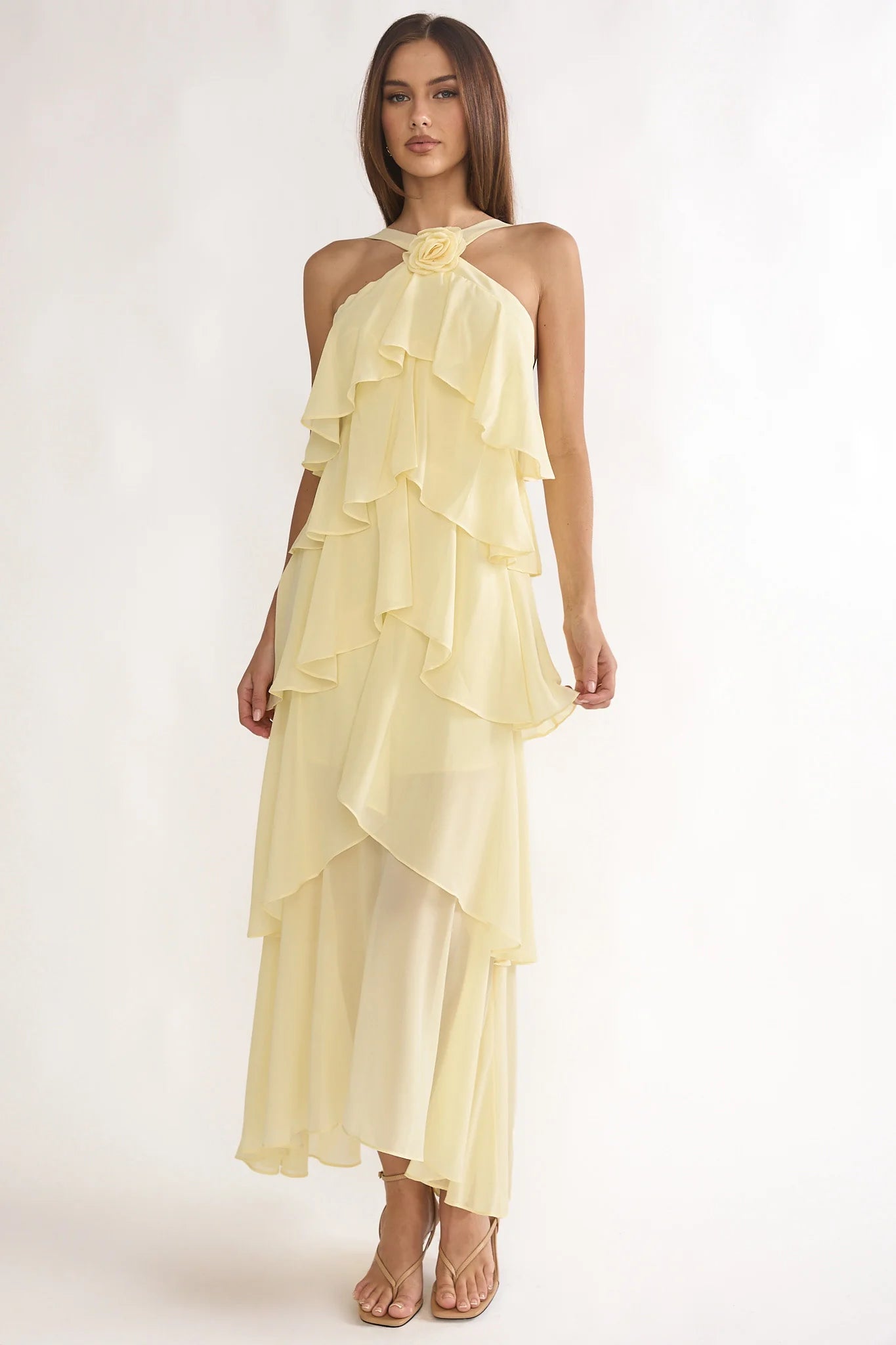 Darylyn Tiered Ruffle Rosette Maxi Dress Yellow